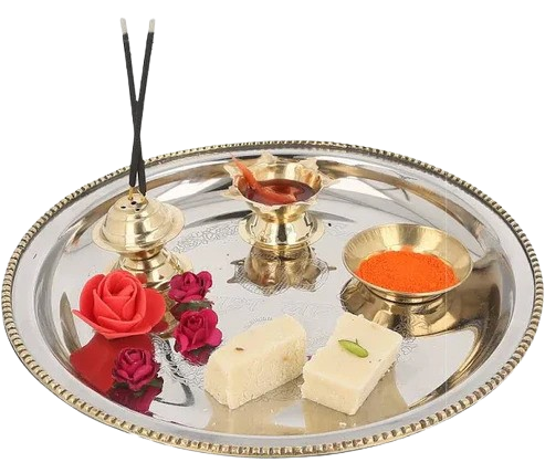 Steel Puja Thali Set for Diwali Poojan/Pooja Room (Silver)