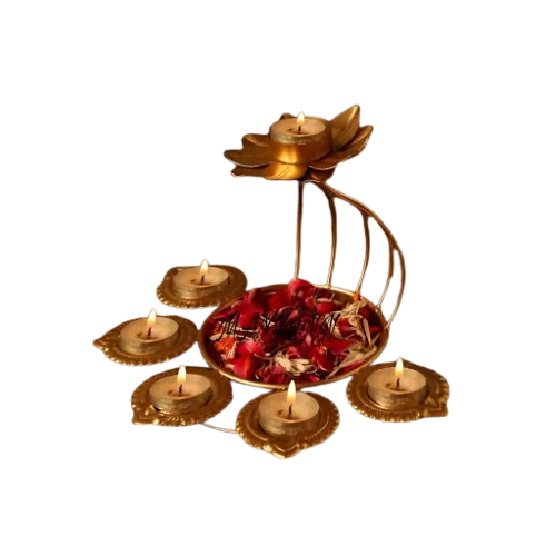 New Innovative Metal Lotus Tealight Candle Holder for Diwali Decoration Items with Base of Urli Bowl and Diya